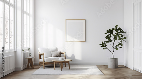 Simple Scandinavian living room setup with white walls, wooden flooring, a potted plant in the corner, and minimal decor