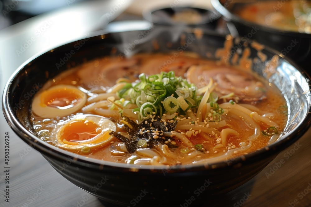 Steaming Bowl of Ramen with Soft-Boiled Eggs and Green Onions in Black Ceramic Bowl Steaming Bowl of Ramen with Soft-Boiled Eggs and Green Onions in Black Ceramic Bowl