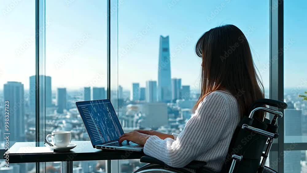 A young woman in a wheelchair typing on her laptop in a chic urban apartment, with a view of the city skyline and a cup of coffee on the desk