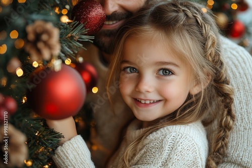 Portrait of a father and daughter decorating a Christmas tree. Christmas concept. Happy family decorating christmas tree