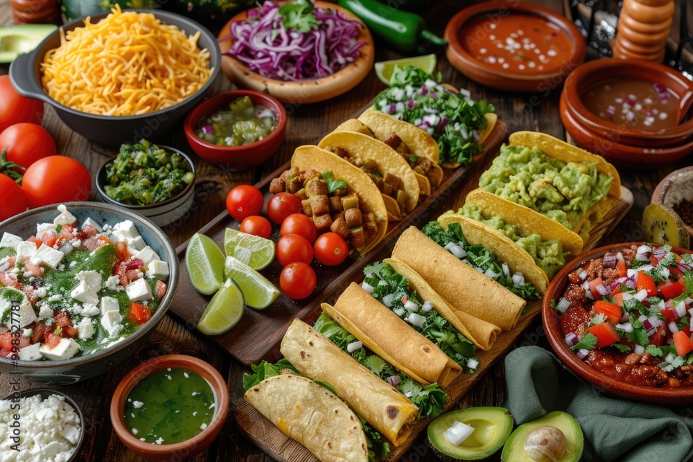 Fresh and Flavorful Tacos with Avocado, Cilantro, and Fresh Vegetables on Wooden Board Fresh and Flavorful Tacos with Avocado, Cilantro, and Fresh Vegetables on Wooden Board