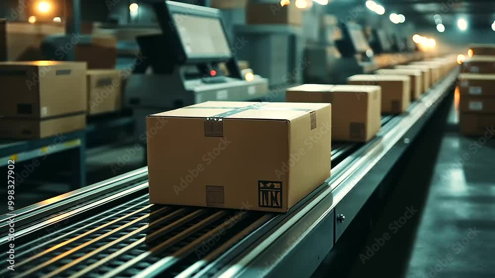A series of cardboard boxes traveling down a conveyor belt A series of cardboard boxes traveling down a conveyor belt