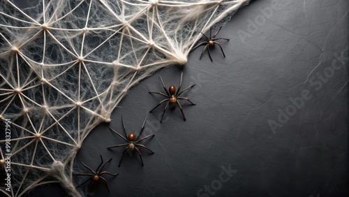 Close-up of Halloween spiders crawling on a spider web, creating a spooky ambiance, perfect for Halloween or horror-themed projects. photo