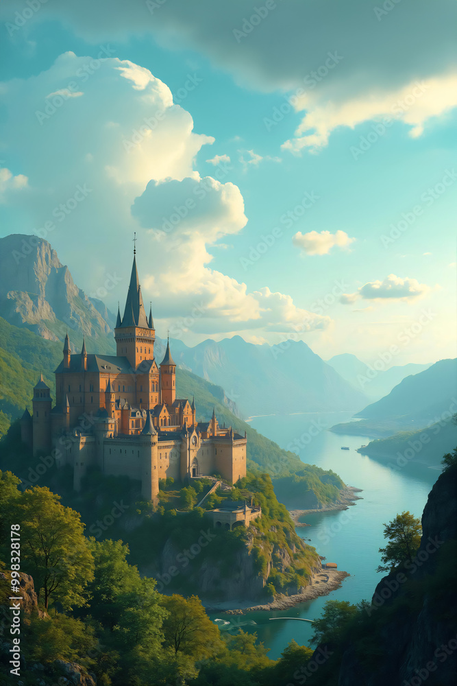 medieval fantasy city built over hills, view of the river and mountains medieval fantasy city built over hills, view of the river and mountains