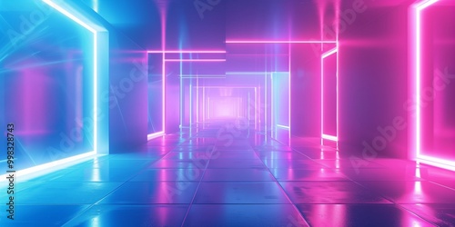 A vibrant neon-lit corridor with blue and pink lights creating a futuristic atmosphere