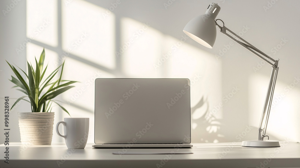 Stylish and minimalist desk setup with a laptop, single lamp, and a coffee mug on a neutral-colored desk. Focus on simplicity and productivity, with soft daylight illuminating the scene Stylish and minimalist desk setup with a laptop, single lamp, and a coffee mug on a neutral-colored desk. Focus on simplicity and productivity, with soft daylight illuminating the scene