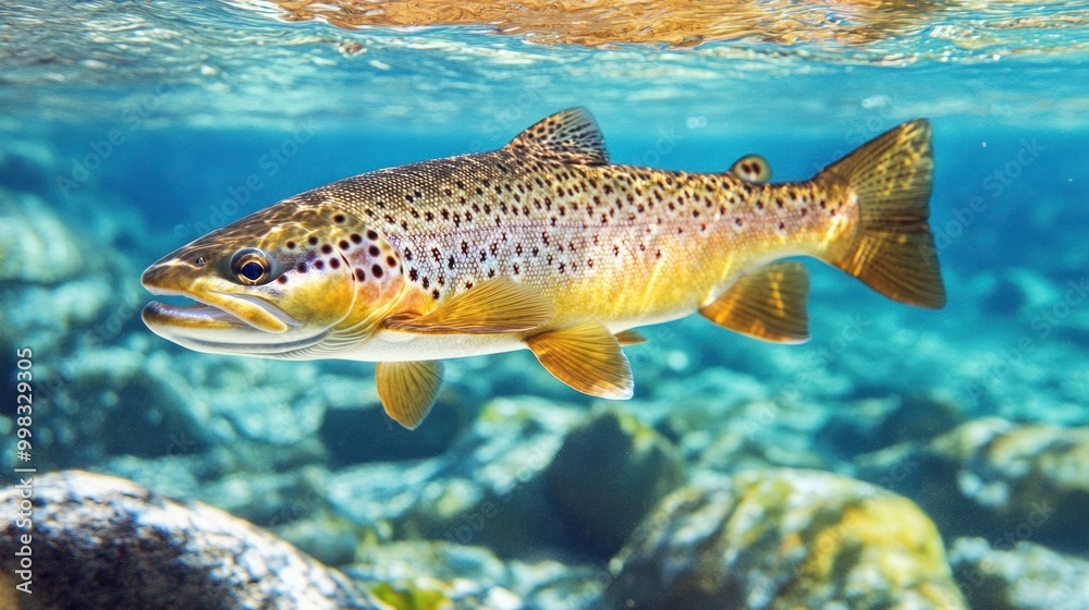 Fototapeta premium Brown Trout Swimming in a Clear River