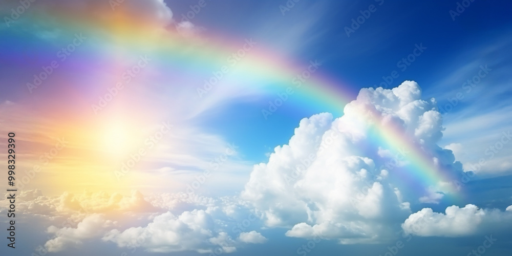 Rainbow in the sky among the clouds. A fabulous fantasy image of a colorful rainbow bridge in bright sunlight shining in the cloudscape. Rainbow in the sky among the clouds. A fabulous fantasy image of a colorful rainbow bridge in bright sunlight shining in the cloudscape.