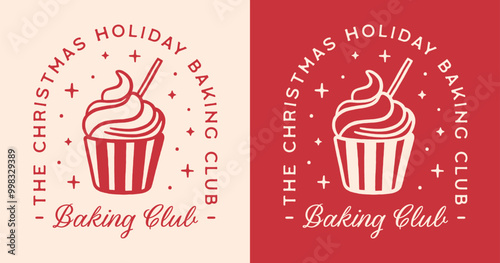 Christmas holiday baking club girls moms baker squad crew cute family matching clothing shirt design. Vintage retro red aesthetic cupcakes lover quotes illustration for printable vector cut file.