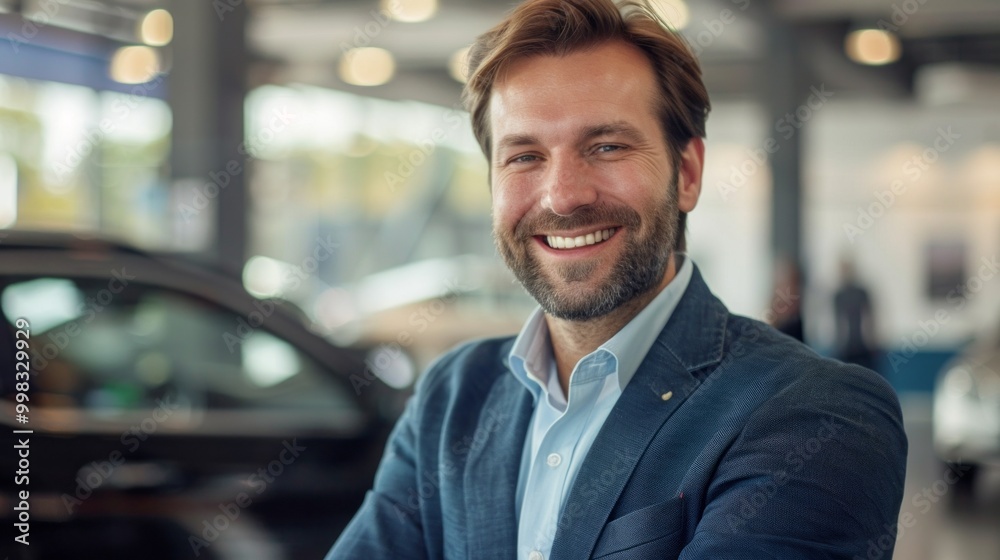 A man in a suit is smiling and posing for a picture in front of a car A man in a suit is smiling and posing for a picture in front of a car