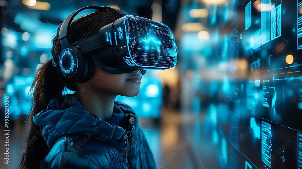 School student with VR headset using AI artificial intelligence technology & machine learning. Interactive technology in classroom. Innovation & smart tech. AI blue hologram in education School student with VR headset using AI artificial intelligence technology & machine learning. Interactive technology in classroom. Innovation & smart tech. AI blue hologram in education