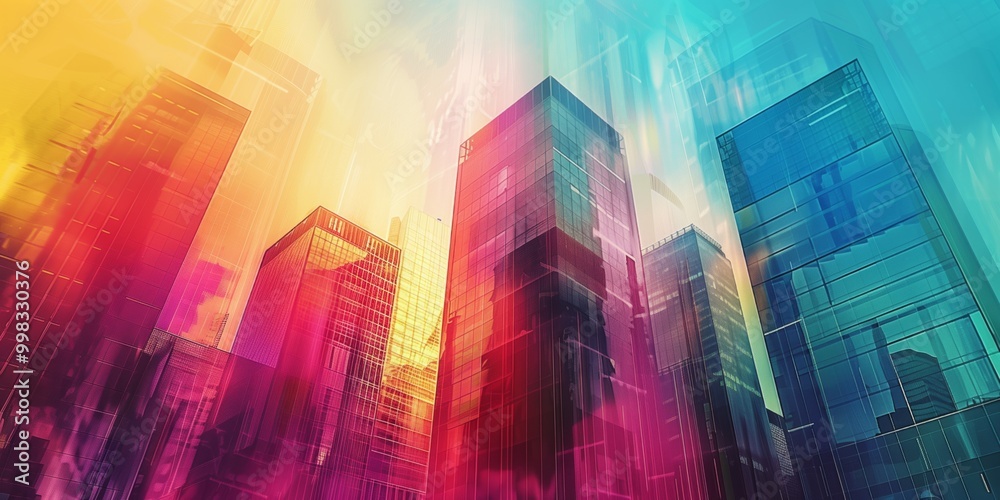 Modern skyscrapers illuminated in vibrant colors during twilight over an urban skyline Modern skyscrapers illuminated in vibrant colors during twilight over an urban skyline