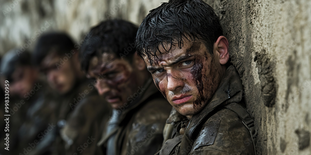The Broken Hearts of Combatants: A group of soldiers, their faces etched with pain and exhaustion, lean against a crumbling wall. The Broken Hearts of Combatants: A group of soldiers, their faces etched with pain and exhaustion, lean against a crumbling wall.