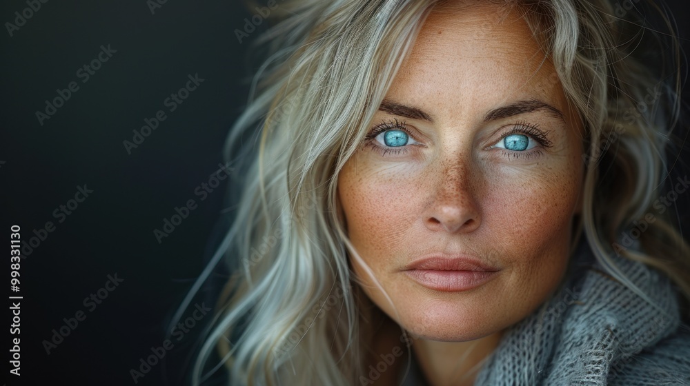 Captivating close-up portrait of a woman with striking blue eyes and tousled blonde hair at dusk. Generative AI Captivating close-up portrait of a woman with striking blue eyes and tousled blonde hair at dusk. Generative AI