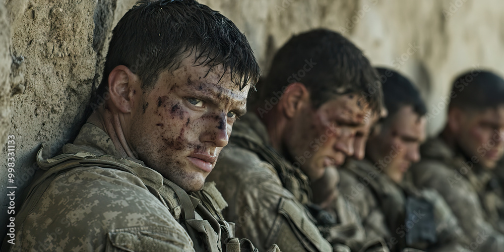 The Broken Hearts of Combatants: A group of soldiers, their faces etched with pain and exhaustion, lean against a crumbling wall. The Broken Hearts of Combatants: A group of soldiers, their faces etched with pain and exhaustion, lean against a crumbling wall.