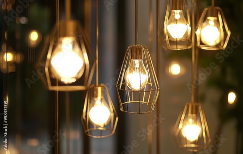 A photograph showcasing hanging light bulbs encased in brass wire and glass pendants, illuminated by soft lighting that enhances the elegant atmosphere. The blurred background adds depth, creating a v