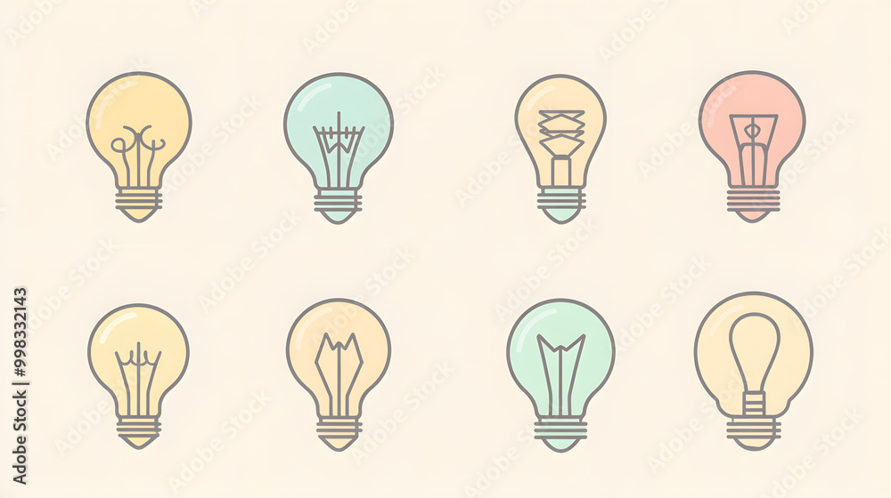Simple pastel lightbulb set of icons with soft lines placed on a clean background Simple pastel lightbulb set of icons with soft lines placed on a clean background