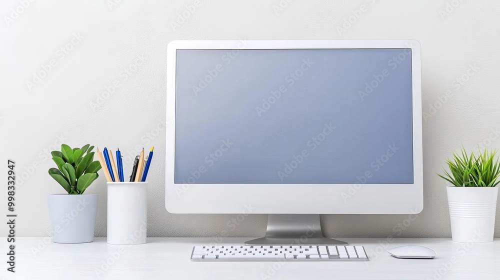 Workspace with a computer, keyboard, and plants on a white background. Workspace with a computer, keyboard, and plants on a white background.