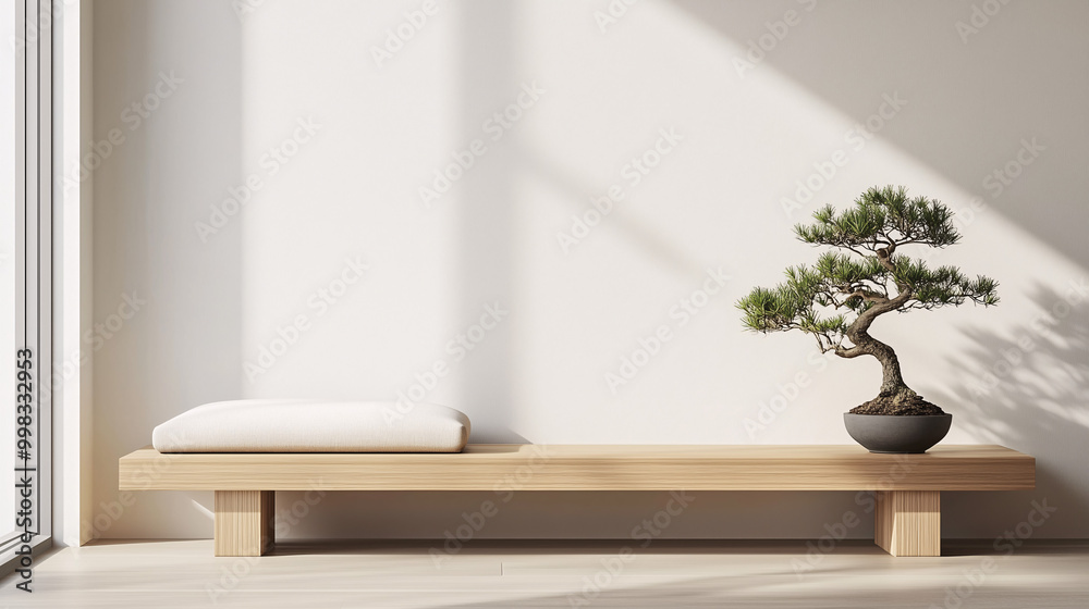 Zen-inspired minimalist space with a focus on balance and simplicity: a low wooden bench, a single cushion, and a small bonsai tree on a wooden stand Zen-inspired minimalist space with a focus on balance and simplicity: a low wooden bench, a single cushion, and a small bonsai tree on a wooden stand