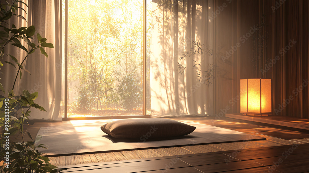 Zen-inspired meditation space with a single floor cushion, bamboo flooring, and soft, diffused sunlight creating a tranquil atmosphere Zen-inspired meditation space with a single floor cushion, bamboo flooring, and soft, diffused sunlight creating a tranquil atmosphere