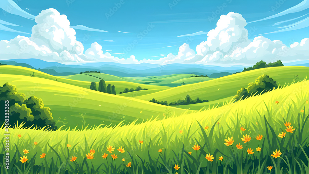 Endless Summer Fields: A Serene Horizon in a Flat Style Cartoon World Endless Summer Fields: A Serene Horizon in a Flat Style Cartoon World
