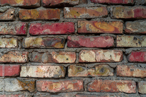 A weathered brick wall with visible mortar  showcasing an aged and rustic texture. Perfect for background designs  architecture projects  or construction-related content.  