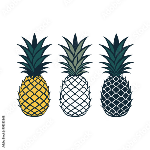 three Pineapple vector illustration, outline, silhouette, isolated on white background 