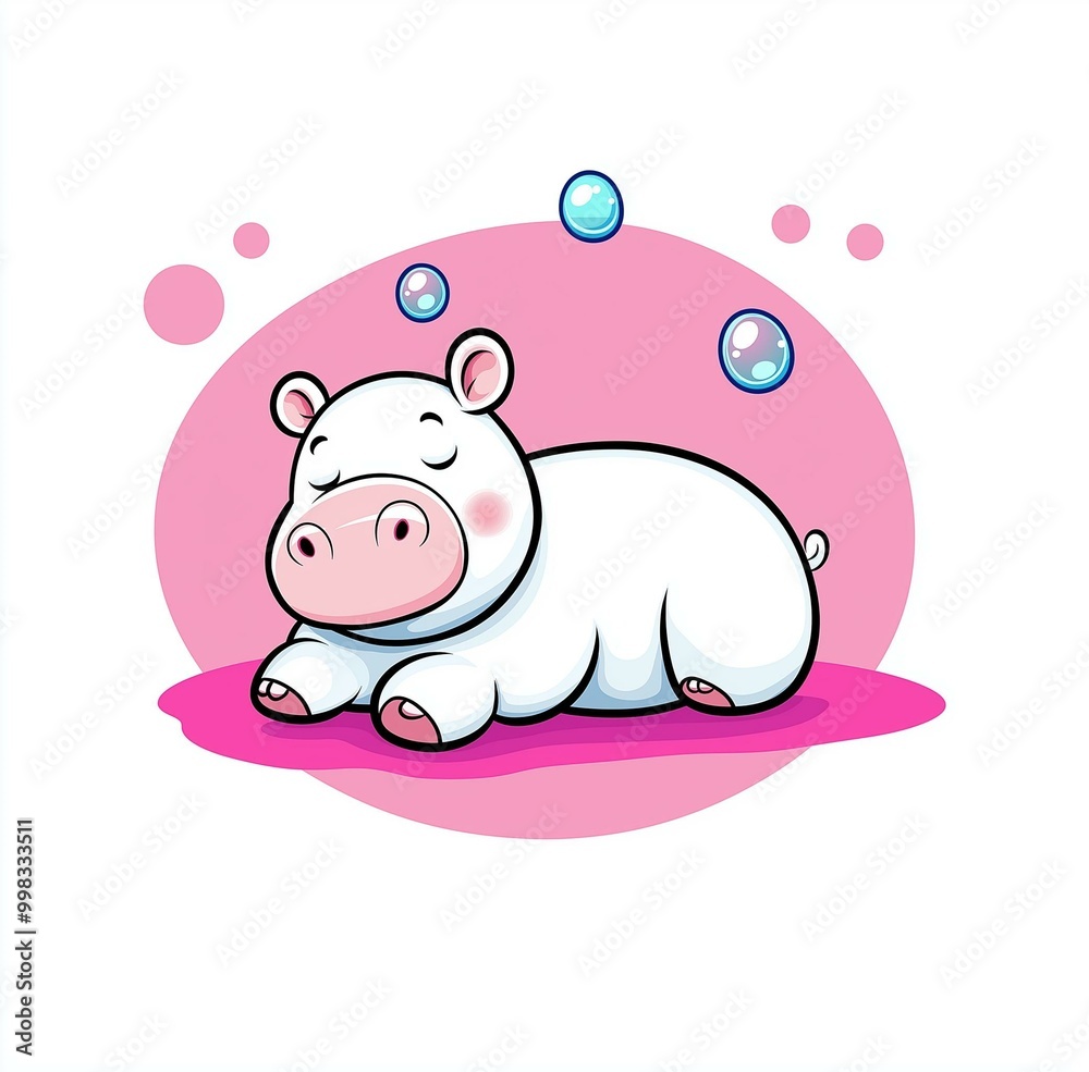 A cute cartoon hippo lounging in bubbles on a pink background, perfect for kids' themes and playful designs. A cute cartoon hippo lounging in bubbles on a pink background, perfect for kids' themes and playful designs.