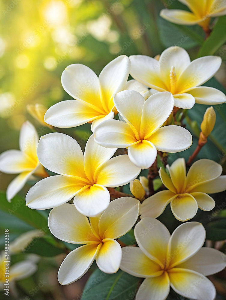 White and Yellow Plumeria in Soft Morning Sunlight White and Yellow Plumeria in Soft Morning Sunlight