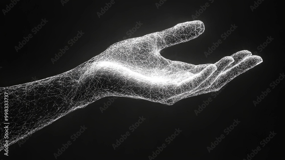 A white glowing digital mesh hand shown in an artistic rendering against a dark background, symbolizing digital creativity, technological prowess, and futuristic abstraction.
