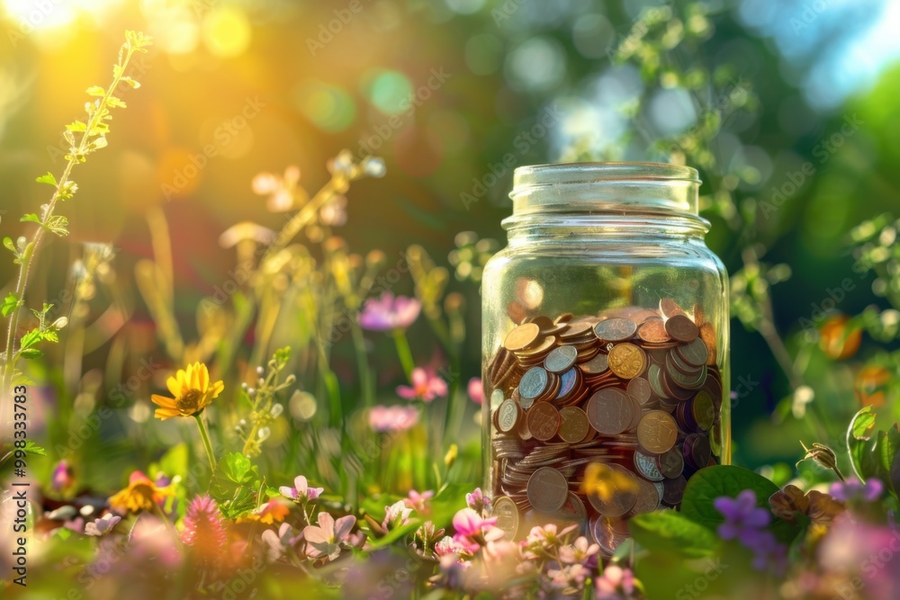 Imagine a transparent jar filled with coins and seeds, placed in a vibrant garden 