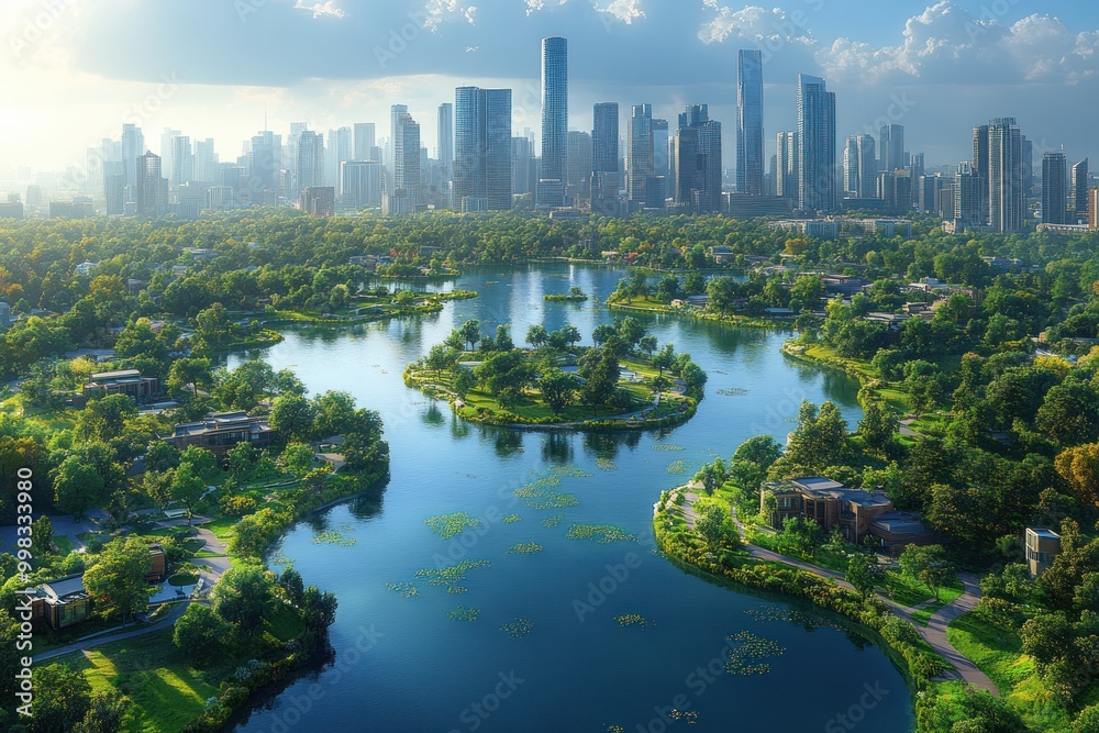 Aerial view of a city skyline with a large park and a winding lake in the foreground. Aerial view of a city skyline with a large park and a winding lake in the foreground.