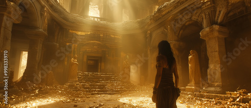 Woman explorer in ancient temple full of treasures