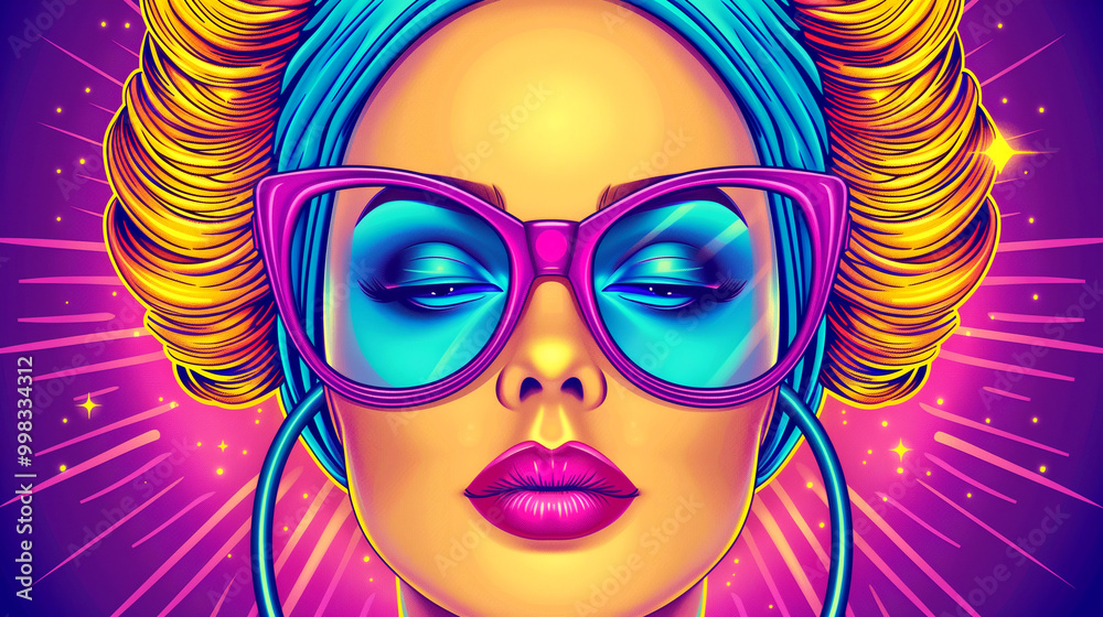 A woman with purple glasses and a purple headband. She is wearing a pink lipstick. The image is colorful and vibrant A woman with purple glasses and a purple headband. She is wearing a pink lipstick. The image is colorful and vibrant
