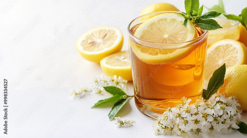 Refreshing Iced Tea with Lemon Slices and Fresh Mint Leaves on a White Background Refreshing Iced Tea with Lemon Slices and Fresh Mint Leaves on a White Background