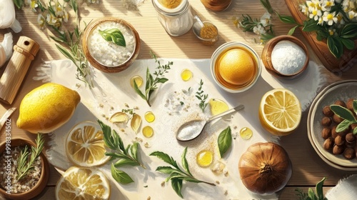 Wallpaper Mural A Still Life of Lemon, Herbs, and Spices on a Wooden Table Torontodigital.ca