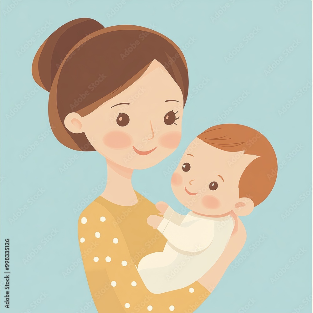 A mother lovingly cradles her smiling baby in a soft pastel setting during the daytime A mother lovingly cradles her smiling baby in a soft pastel setting during the daytime
