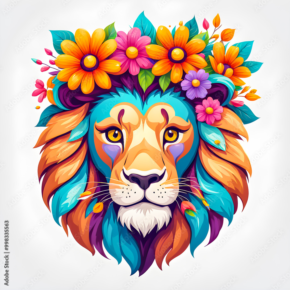 illustration of lion animal mascot head with cute flowers on white background. illustration of lion animal mascot head with cute flowers on white background.