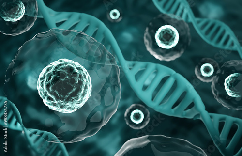 Research of stem cells. Stem cells with DNA structure under a microscope. Cellular Therapy. 3d-rendering