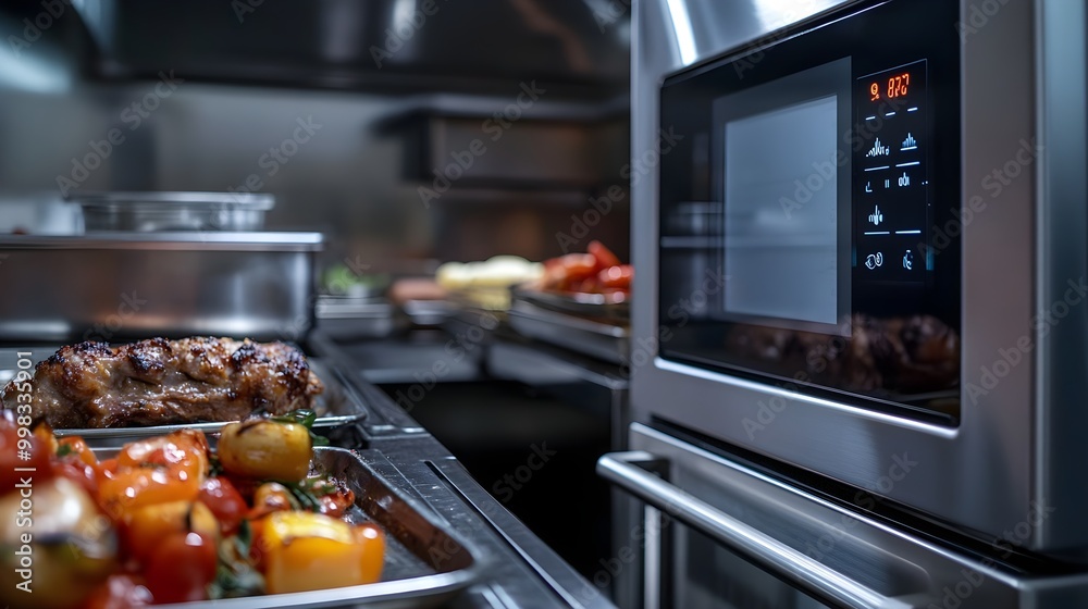 An intricate image of a digital temperature sensor embedded in a commercial oven, showcasing its sleek design and clear display, emphasizing the importance of accuracy in cooking processes and An intricate image of a digital temperature sensor embedded in a commercial oven, showcasing its sleek design and clear display, emphasizing the importance of accuracy in cooking processes and