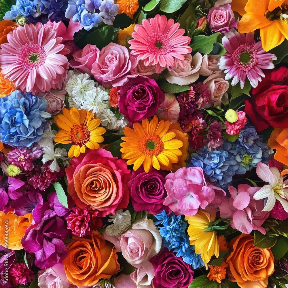 A mix of fresh flowers in a bouquet, vibrant colors and soft petals