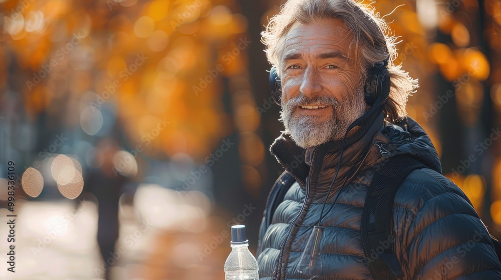 An elderly man enjoys a sunny autumn day, wearing headphones and smiling in a colorful park setting. Generative AI An elderly man enjoys a sunny autumn day, wearing headphones and smiling in a colorful park setting. Generative AI