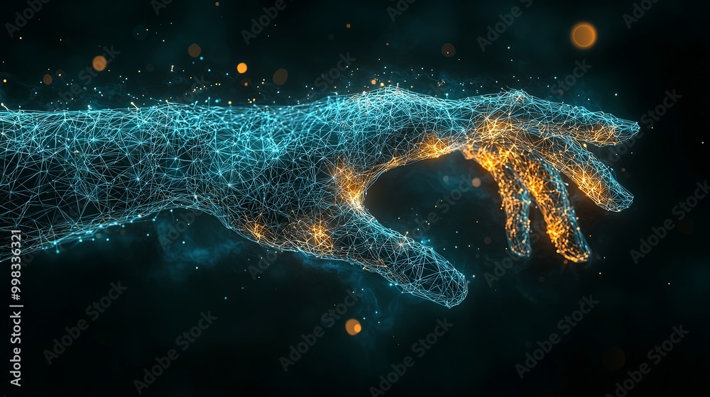 A visually complex digital vector art piece showcasing a hand with a network of blue and orange lines, representing the intricate connections in modern technology. A visually complex digital vector art piece showcasing a hand with a network of blue and orange lines, representing the intricate connections in modern technology.