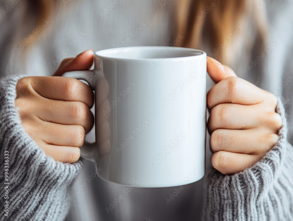 High-resolution mockup of a white, blank mug being held by a woman's hands, with focus on the coffee cup and shallow depth of field. Created with Ai High-resolution mockup of a white, blank mug being held by a woman's hands, with focus on the coffee cup and shallow depth of field. Created with Ai