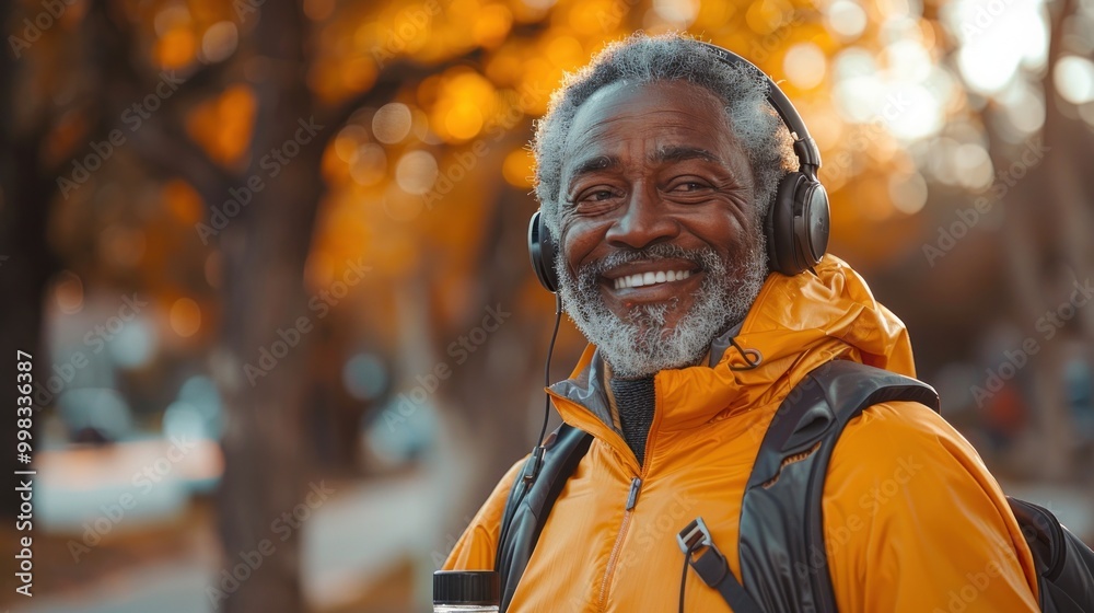 Naklejka premium A joyful man in a bright yellow jacket enjoys music while walking through a vibrant autumn park. Generative AI