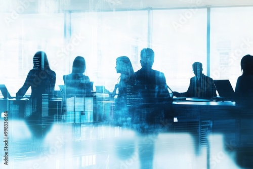 Silhouettes of business professionals engaging in discussion at a whiteboard, brainstorming creatively in a collaborative workspace. Bright natural light enhances the minimalist office design, featuri photo