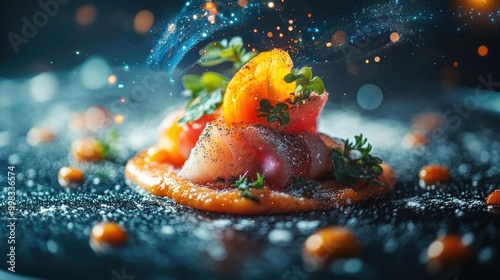 Close-up of a gourmet dish garnished with stardust, vibrant colors, cosmic elements intertwined photo