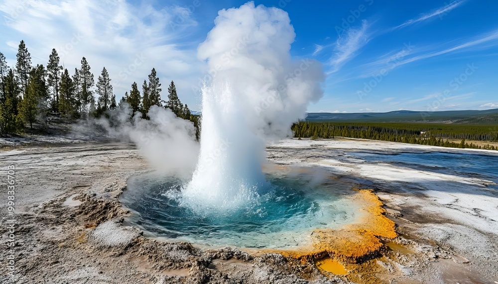 Geyser erupting with steam, showcasing vibrant colors and natural beauty. Geyser erupting with steam, showcasing vibrant colors and natural beauty.
