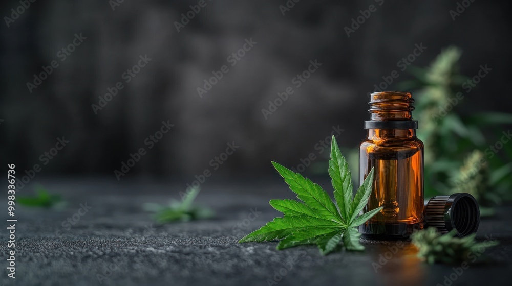 Cannabis Oil in a Glass Bottle with Fresh Green Leaves Cannabis Oil in a Glass Bottle with Fresh Green Leaves