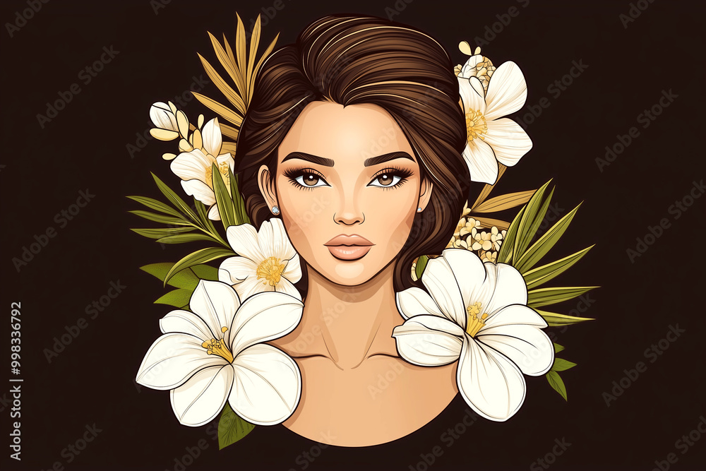 A woman with a flowery headdress. The flowers are white and the woman is wearing a black dress A woman with a flowery headdress. The flowers are white and the woman is wearing a black dress